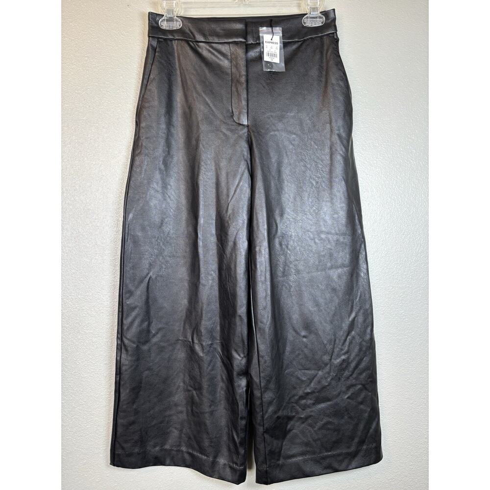 EXPRESS Size 0R Women's Black High Rise Vegan Leather Pants Cropped‎ Flare NEW